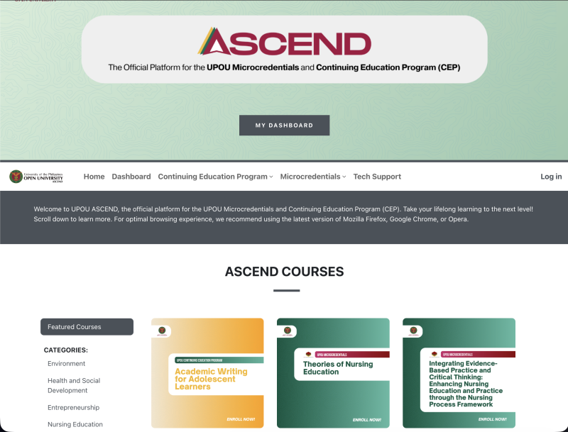 UPOU ASCEND Platform, where UPOU Microcredential courses are offered.